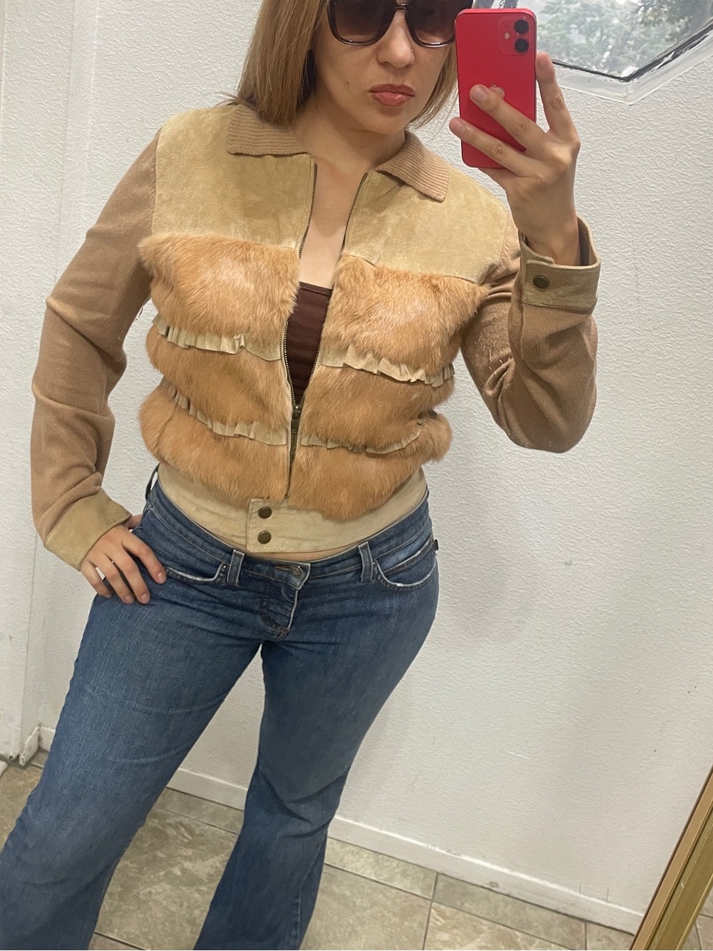 Y2K BeBe Rabbit Fur Lightweight Jacket Tan